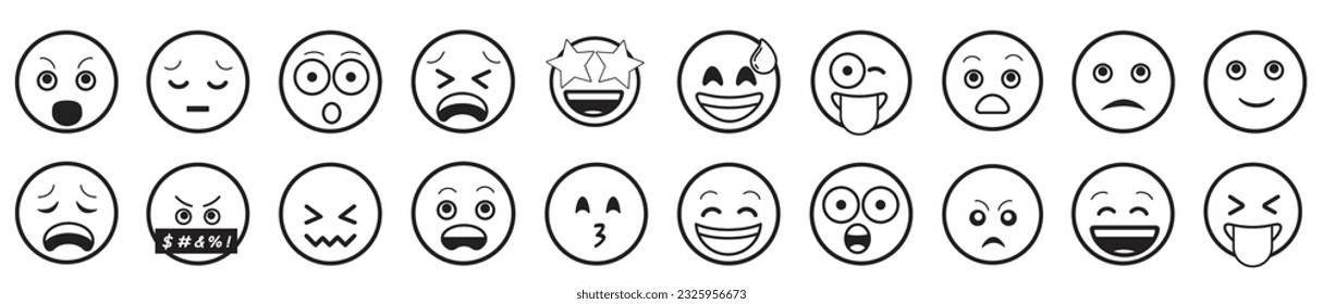 Emoji simple style. Happy, angry, in love and sad. Vector smiley face lines.