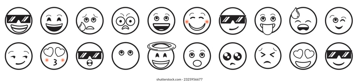 Emoji simple style. Happy, angry, in love and sad. Vector smiley face lines.
