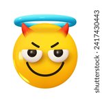 Emoji Sinister smile with horns and a halo ring on the head. Emotion 3d cartoon icon. Yellow round emoticon. Vector illustration