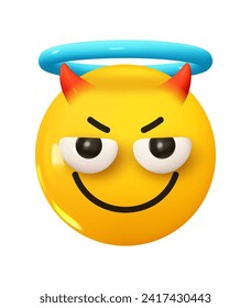 Emoji Sinister sonríe con cuernos y un anillo halo en la cabeza. Icono de la caricatura 3d de Emotion. Emoticon redondo amarillo. Ilustración del vector