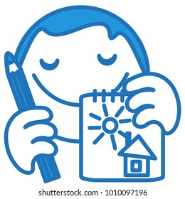 emoji with sketch artist with his draft of a house with sun shining in the sky drawn in a notepad by hand with pencil and crayons, ball or circle shaped face, simplistic facial expression, eps 10
