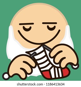 emoji with skilful old greybeard or grey-haired man with beard that knits up or darns striped knitted sock using knitting needles with pleasure, simple colored emoticon, simplistic colorful pictogram