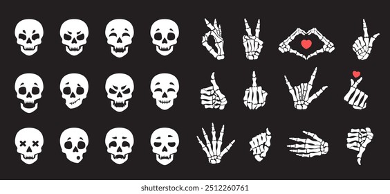 Emoji skull stickers, hands bones. Set of vector elements for Halloween. Various hand gestures, facial expressions.