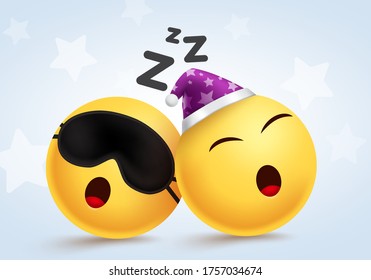 Emoji sleep vector design. Emojis sleeping tired and snoring character with eye mask and hat element in white background. Vector illustration.