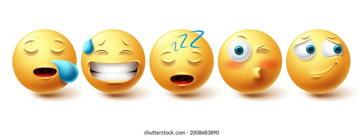 Emoji sleepy face vector set. Yellow emojis with happy, blushing, snoring and sleeping collection isolated in white background for design elements. Vector illustration
