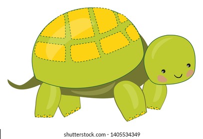 Emoji of a slow-moving green tortoise land reptile, enclosed in a scaly domed yellow shell has two eyes and pillar-like legs smiles while standing, vector, color drawing or illustration. 