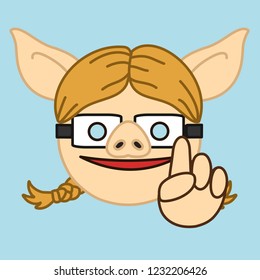 emoji with smart pig woman with stereotypical nerd face in glasses who is pointing up while sharing some knowlege, female geek with raised index finger expressing her point of view or giving an advice