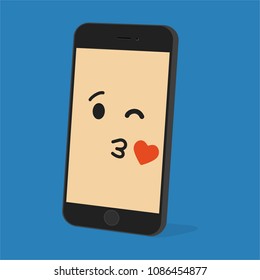Emoji smartphone with funny emotion on bright background. Smiling mobile phone character. Smile emoticon face in cellphone. Flat vector illustration design.