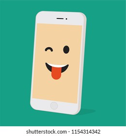 Emoji smartphone with funny emotion on bright background. Smiling mobile phone character. Smile emoticon face in cellphone. Flat vector illustration design.
