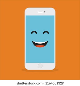 Emoji smartphone with funny emotion on bright background. Smiling mobile phone character. Smile emoticon face in cellphone. Flat vector illustration design.