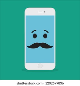 Emoji smartphone with funny emotion on bright background. Smiling mobile phone character. Smile emoticon face in cellphone. Flat vector illustration design.