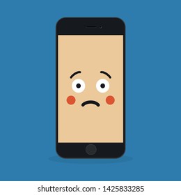 Emoji smartphone with funny emotion on bright background. Smiling mobile phone character. Smile emoticon face in cellphone. Flat vector illustration design.