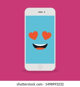 Emoji smartphone with funny emotion on bright background. Smiling mobile phone character. Smile emoticon face in cellphone. Flat vector illustration design.