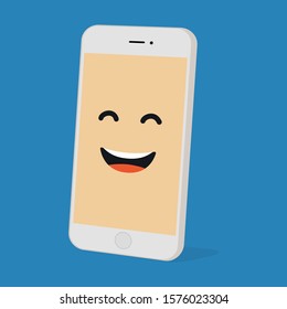 Emoji smartphone with funny emotion on bright background. Smiling mobile phone character. Smile emoticon face in cellphone. Flat vector illustration design.