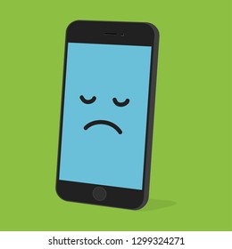 Emoji smartphone with sad emotion on bright background. Smiling mobile phone character. Smile emoticon face in cellphone. Flat vector illustration design.