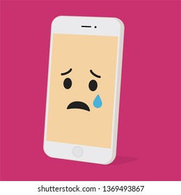 Emoji smartphone with sad emotion on bright background. Smiling mobile phone character. Smile emoticon face in cellphone. Flat vector illustration design.