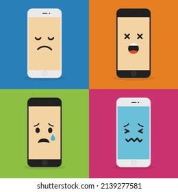 Emoji smartphone with sad emotion on bright background. Smiling mobile phone character. Smile emoticon face in cellphone. Flat vector illustration design.