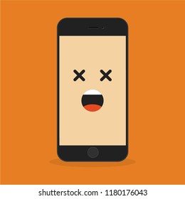 Emoji smartphone with surprised 
emotion on bright background. Smiling mobile phone character. Smile emoticon face in cellphone. Flat vector illustration design.