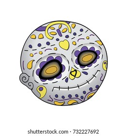 Emoji Smile Dead. Dia de Los Muertos. Day of The Dead Vector Illustration With Festive Skull, Flowers Decoration