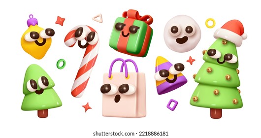 Emoji smile emotions Christmas festive elements for design. Holiday Decoration Shop bag, gift box, cone toy, christmas tree, xmas candy cane, snow globe. Realistic 3d object. vector illustration