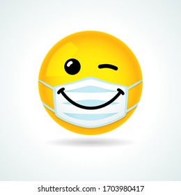 Emoji Smile Face With Guard Mouth Mask. Yellow Winking Emoticon Wearing A White Surgical Mask. Vector Wink Icon