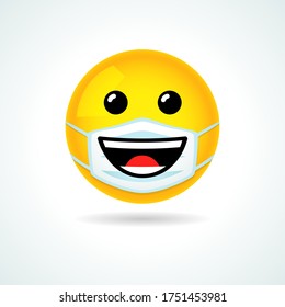 Emoji smile face with guard mouth mask. Yellow happiness smiling emoticon wearing a white surgical mask. Vector joy icon