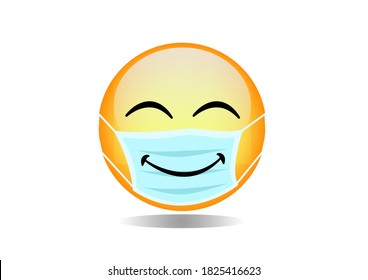 Emoji Smile Face With Guard Mouth Mask. Yellow Smile Emoticon Wearing A White Surgical Mask. Vector Smile Icon