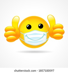 Emoji smile face with protective mouth mask showing thumb up. Yellow emoticon 3D smiling icon in a white surgical mask. Reaction to comment for social distance illustration