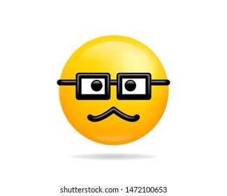 Emoji smile icon vector symbol. Old glasses face yellow cartoon character.