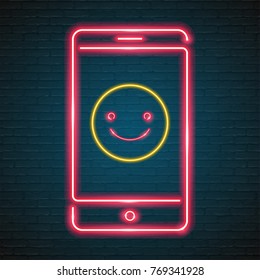 Emoji Smile with Phone Symbol Neon Light Glowing Graphic Vector Red Colour Illustration 