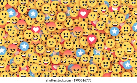 Emoji smiles emoticons background. Yellow faces with different funny emotions. Simple modern design icons. Chat elements. UI, UX for mobile app, social media or web. Flat style vector illustration.