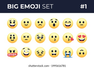 Emoji smiles emoticons set isolated. Yellow faces with different funny emotions. Simple modern design icons. Chat elements. UI, UX for mobile app, social media or web. Flat style vector illustration.