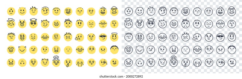 Emoji smiles emoticons set isolated. Yellow faces with different funny emotions. Simple doodle design icons. Chat elements. UI, UX for mobile app, social media or web. Flat style vector illustration.