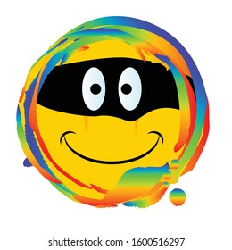 Emoji smiley face with a bandit mask web button set on a rainbow