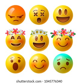 Emoji smiley faces or yellow emoticons in glossy 3D realistic isolated in white background, vector illustration.
