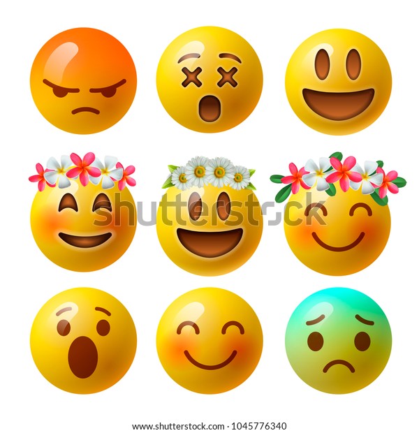 Emoji Smiley Faces Or Yellow Emoticons In Glossy 3d Realistic Isolated