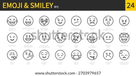 Emoji, smiley icon set. Emotion, smile, emoticon, angry, smiling, winking, worried, tears of joy, tears, neutral, lying, crying, kissing, pensive face, etc. Vector illustration. Editable stroke.