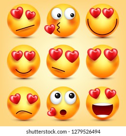 Emoji Smiley With Red Heart Vector Set. Valentines Day Yellow Cartoon Emoticons Face. Love Feeling Expression.