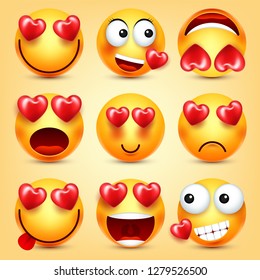 Emoji Smiley With Red Heart Vector Set. Valentines Day Yellow Cartoon Emoticons Face. Love Feeling Expression.