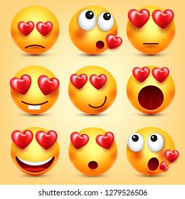 Emoji Smiley With Red Heart Vector Set. Valentines Day Yellow Cartoon Emoticons Face. Love Feeling Expression.