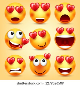 Emoji Smiley With Red Heart Vector Set. Valentines Day Yellow Cartoon Emoticons Face. Love Feeling Expression.