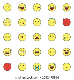 Emoji smileys filled outline icons set, line vector symbol collection, linear colorful pictogram pack. Signs, logo illustration, Set includes icons as kissing face emoticon, face with tears of joy
