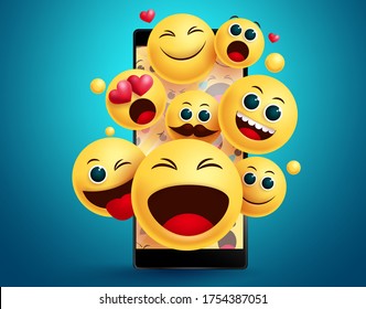 Emoji smileys in mobile phone vector concept. Smiley emojis yellow face emoticons in social media mobile phone apps with different facial expression like happy, jolly and surprise in blue background. 