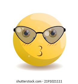 Emoji smilies with a kiss, with brown eyes, triangle-shaped glasses with a black frame and tinted glass.