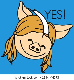 emoji with smiling blonde pig girl with pigtails who is saying yes and nodding, simple hand drawn emoticon, simplistic colorful picture, vector art with pig-like characters