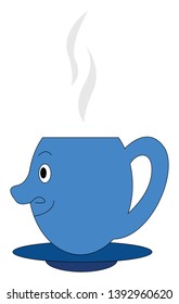 Emoji of a smiling blue coffee cup filled with steaming hot drink has a nose  two eyes  and a mouth  vector  color drawing or illustration