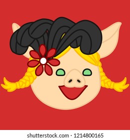 Emoji With Smiling Cabaret Pig Woman With Hat Made Of Feathers And A Flower, Retro Exotic Dancer, Vector Emoji Drawn By Hand In Color, Simplistic Colorful Picture, Simple Handdrawn Illustration