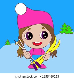 emoji with smiling chibi girl skier with skis and ski poles or sticks that is wearing a winter sports hat, simple colored emoticon