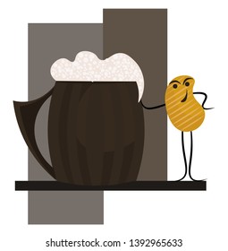 Emoji of a smiling chip touching a cup of beer with froth  vector  color drawing or illustration