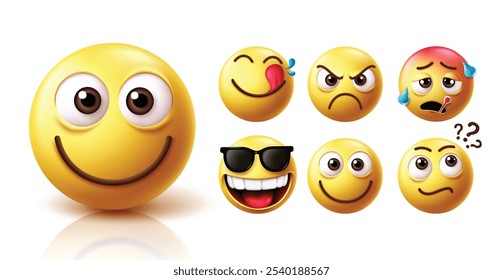 Emoji cara sonriente emoticon conjunto de Vectores.  Personaje de emojis en sonrisa linda, cara feliz y amigable con emoticonos amarillos como antojo, enojado, enfermo, genial, sonrisa e icono de expresión facial pensante 